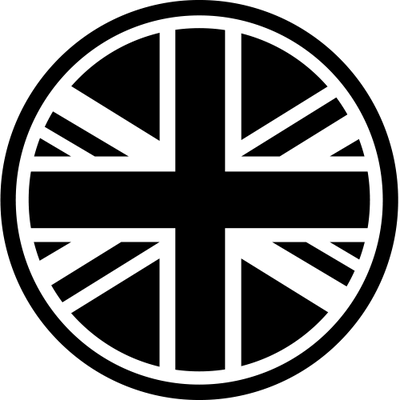 Union Jack flag in a circular symbol on a white background