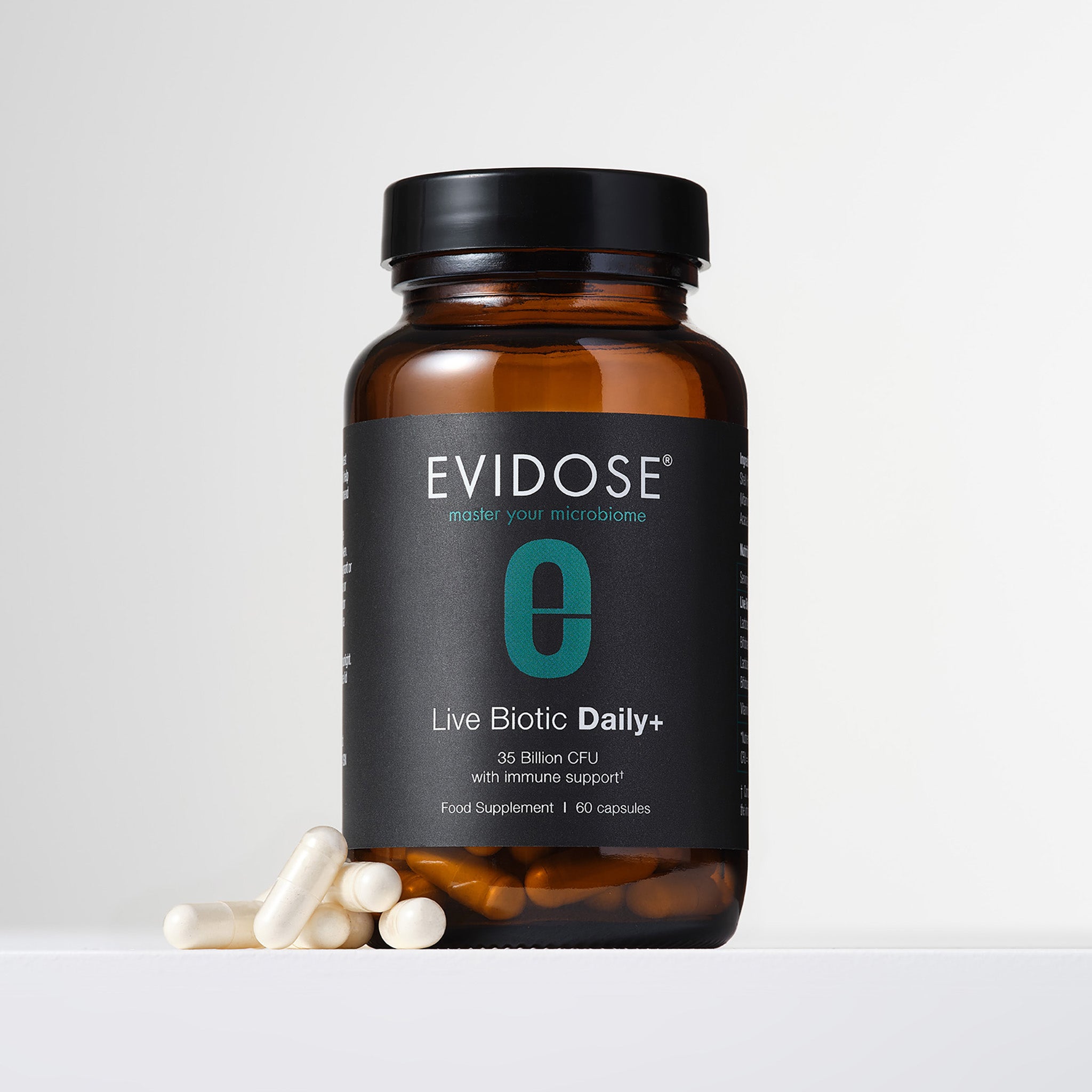 Evidose probiotic supplement capsules bottle on white background